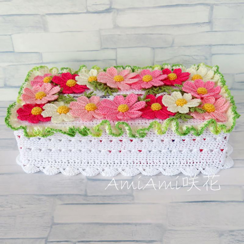 ハンドメイド手編み　ティッシュボックスカバーボックスケース　コスモス ピンクコスモス*ボックスティッシュカバー*レース編み* その他