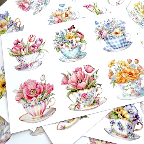 EP48】コラージュ素材 フローラルTeacup セルフカット/48パーツ メモ帳