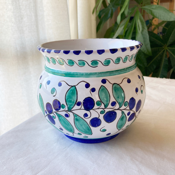 陶器製プランター 植木鉢カバー 大 14cm  マヨリカ焼き イタリア陶器　フラワーベース　花瓶 1枚目の画像