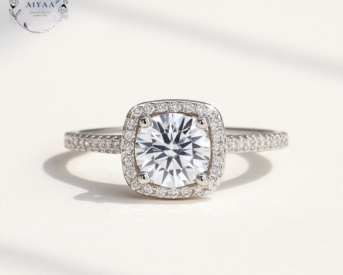 モアサナイト スクエアヘイローリング 6.5mm 1ct｜Dカラー VVS1 H&C