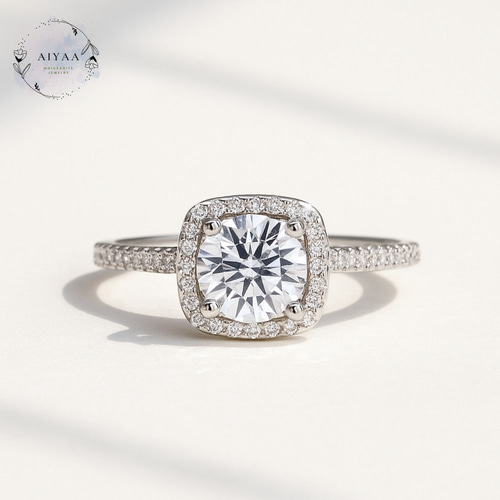 モアサナイト スクエアヘイローリング 6.5mm 1ct｜Dカラー VVS1 H&C