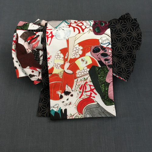 おとぎの国の猫と仲間たち 半幅帯 長尺 和装 着物 猫柄 コットン