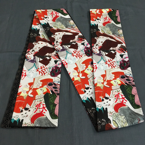 妖怪猫 半幅帯 着物 浴衣 紬 市松模様 和柄 鳥獣戯画 紫系 猫柄