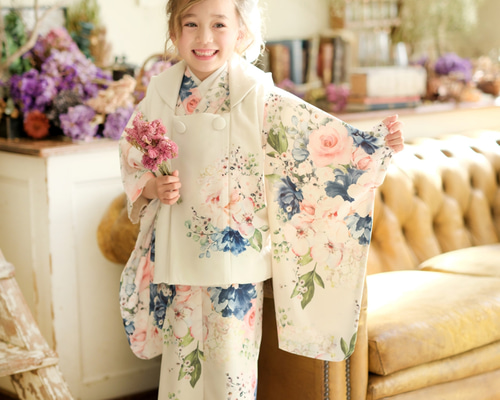 七五三用 花柄刺繍 着物セット 送料無料【超目玉セール】花柄刺繍チュールレース着物とバラ生地