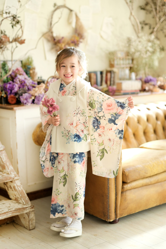 ローズ柄の洋花デザイン着物フルセット 3歳七五三 クリーム色 着物