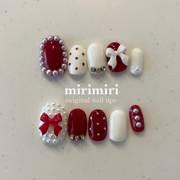 ネイルチップ フレンチガーリー マグネット リボン ドット ビジュー