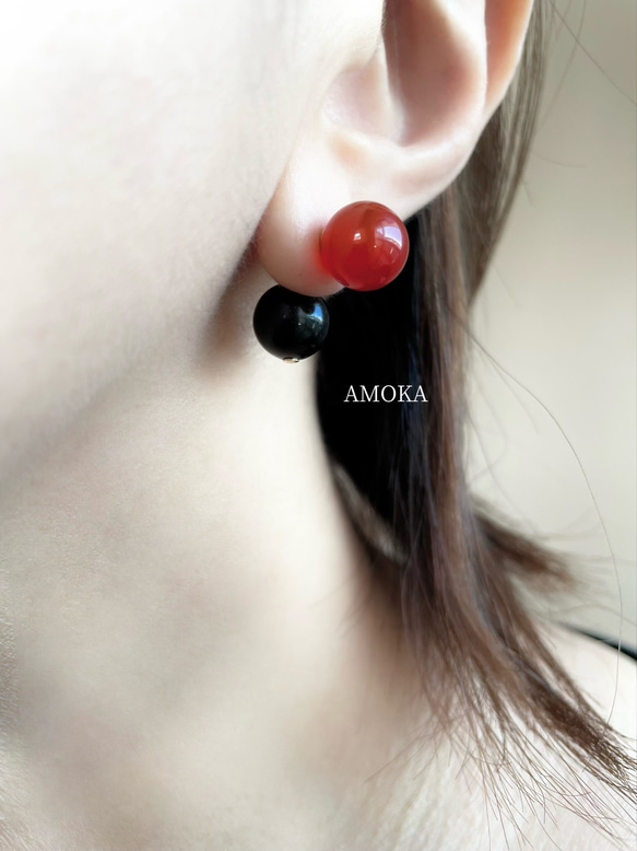 もうすぐ春ピアス　　レッドアゲート×Black onyx      天然石リング　春アクセサリー　プレゼント　春ピアス 1枚目の画像