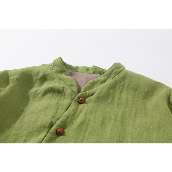 綿麻中綿ジャケット　暖かい中綿ジャケット　リネンジャケット　襟に手縫いライン　黄緑色　フリーサイズL264GR 3枚目の画像
