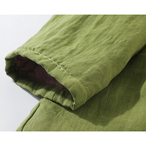 綿麻中綿ジャケット　暖かい中綿ジャケット　リネンジャケット　襟に手縫いライン　黄緑色　フリーサイズL264GR 5枚目の画像