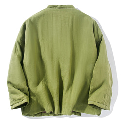 綿麻中綿ジャケット　暖かい中綿ジャケット　リネンジャケット　襟に手縫いライン　黄緑色　フリーサイズL264GR 2枚目の画像