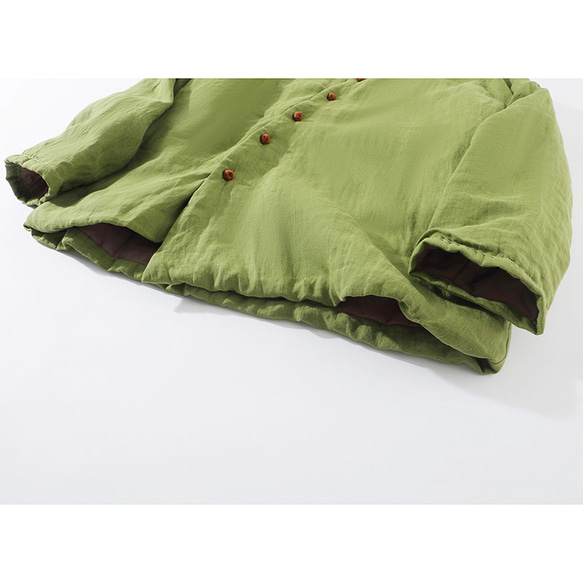 綿麻中綿ジャケット　暖かい中綿ジャケット　リネンジャケット　襟に手縫いライン　黄緑色　フリーサイズL264GR 9枚目の画像