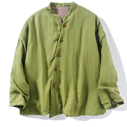 綿麻中綿ジャケット　暖かい中綿ジャケット　リネンジャケット　襟に手縫いライン　黄緑色　フリーサイズL264GR 1枚目の画像