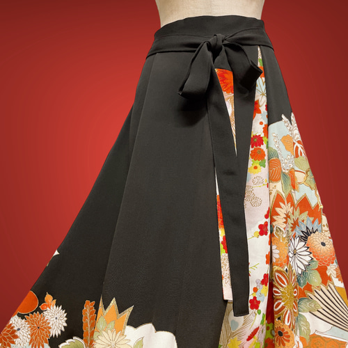 黒留袖 アクセントカラースカート W50〜100 ロング 着物リメイク