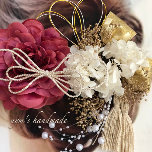 カラー変更対応】ローズピンク＆ホワイトゴールド 和装 成人式用髪飾り