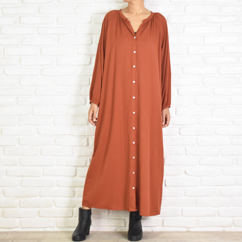 美品＊カレンテージ リネンスキッパーワンピース 長袖 コーラル 定価6.4万円 美品＊カレンテージ リネンスキッパーワンピース 長袖 コーラル
