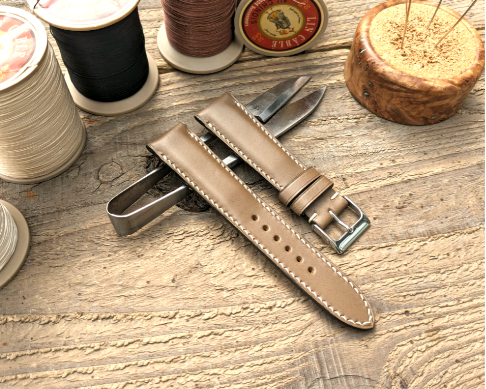 ワルピエ ブッテーロ イタリアンレザー ダスティグレー｜フルステッチ 時計ベルト｜サイズ・糸色カスタマイズ対応｜受注制作