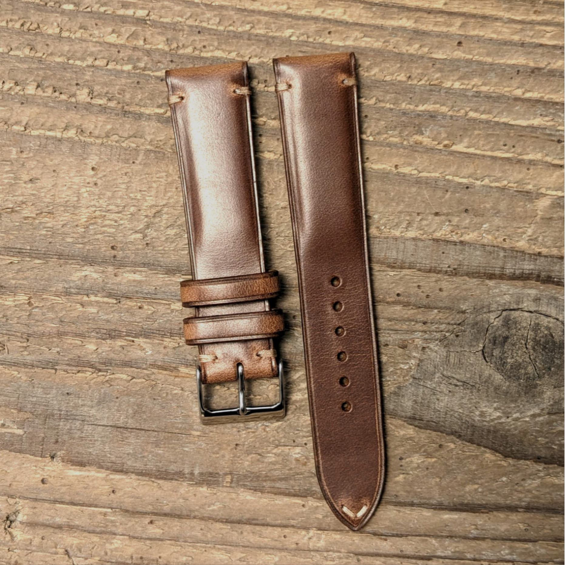 ホーウィン クロムエクセル ナチュラルブラウン｜ダブルステッチ　時計ベルト｜サイズ 糸色 カスタマイズ対応｜受注制作