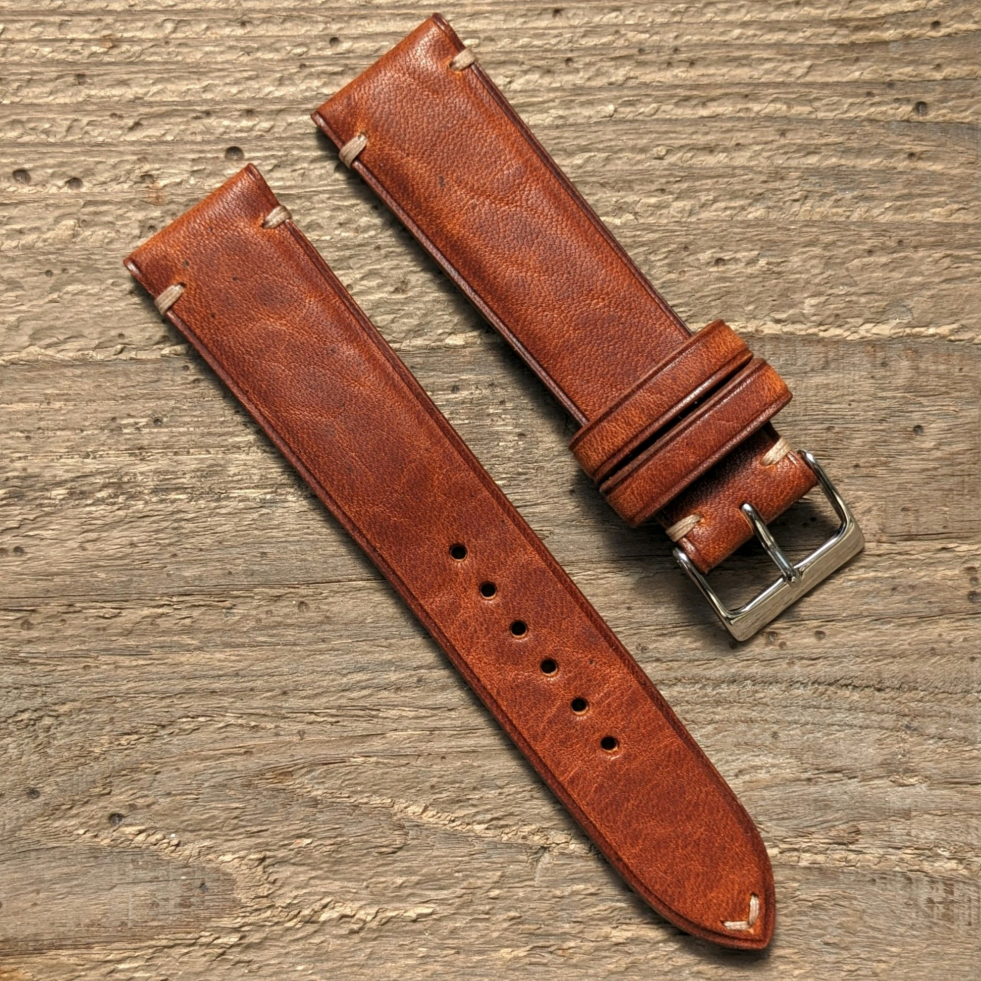 ホーウィン　タブリンレザー イングリッシュタン｜ダブルステッチ　時計ベルト｜サイズ　糸色　カスタマイズ対応｜受注制作