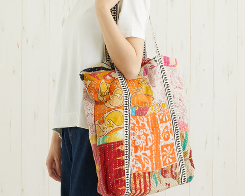 ビクトリアンな感じのバック　パッチワーク　刺繍バック お取り寄せ】カンタ刺し子刺繍のパッチワークトートバッグ