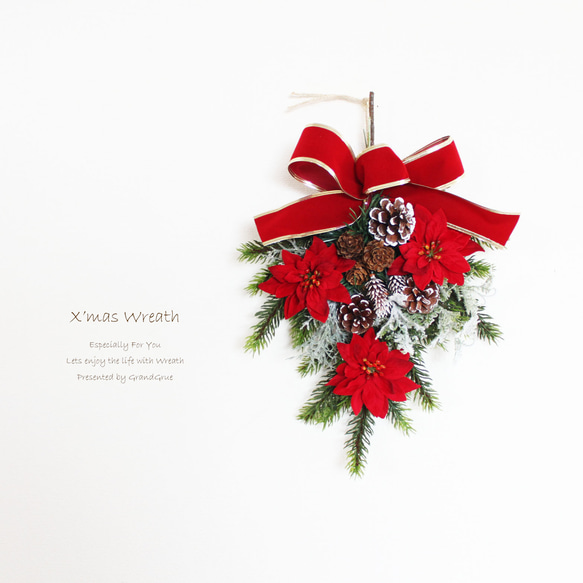 「送料無料」クリスマススワッグリース レッドポインセチア 1枚目の画像