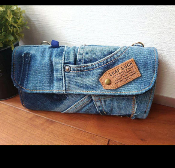 No.322【DENIM✖️HARDヒッコリーストライプWallet】お財布ショルダーやりくり財布スマホポシェット❤️ 2枚目の画像