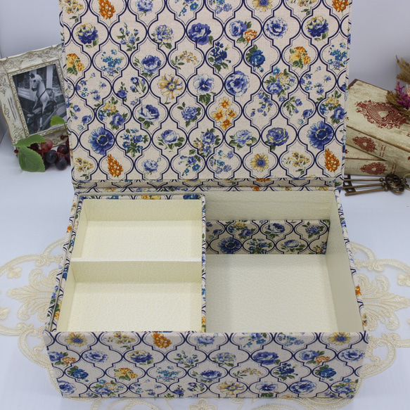 【受注制作】カルトナージュ♪　２段ツールボックス / 裁縫箱 （モロッカンon花柄 / ブルー系） 5枚目の画像