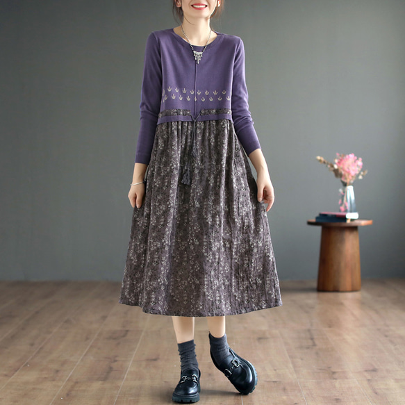 ミモレ丈／美シルエット】ジオメ柄 ミモレワンピース（マキシ・ロング