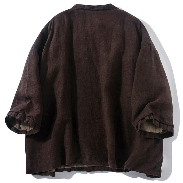 綿麻中綿ジャケット　襟にリボン　リネンジャケット　9分袖丈中綿トップス　コーヒー　フリーサイズL265CO 2枚目の画像
