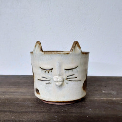 陶器の植木鉢　「おすまし顔のぶち猫」 1枚目の画像
