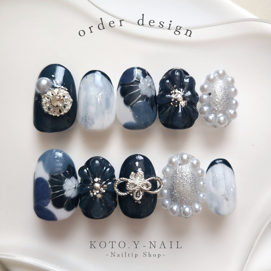 蒼銀の花舞　ネイルチップ　ニュアンスネイル　成人式　前撮り　卒業式　ブライダル　ウェディング　和柄ネイル　振袖ネイル　袴