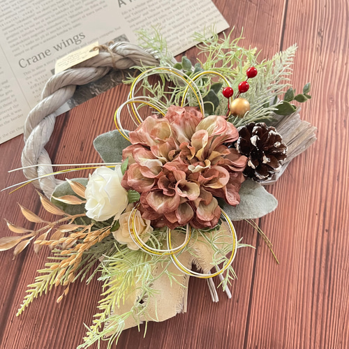 No.4 カラーしめ縄リース2024 ハンドメイドお正月飾り 玄関ドア しめ縄