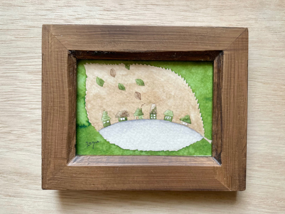 透明水彩画 ミニ額「緑の家々」北欧イラスト 北欧インテリア プチ