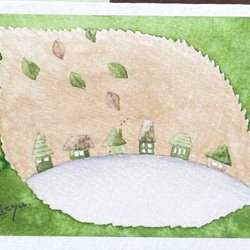 透明水彩画　2枚セットミニカード「緑の家々」北欧イラスト　北欧カード　バースデーカード　敬老の日カード　秋　グリーン　 2枚目の画像