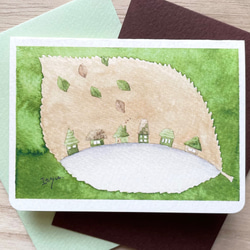透明水彩画　2枚セットミニカード「緑の家々」北欧イラスト　北欧カード　バースデーカード　敬老の日カード　秋　グリーン　 1枚目の画像