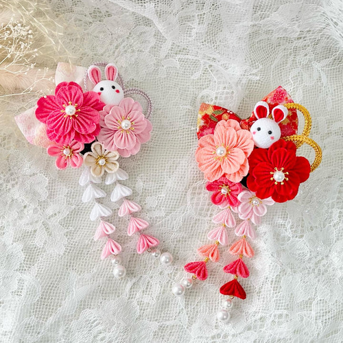 七五三髪飾り❀うさぎさんとお花 ヘアクリップ・バナナクリップ