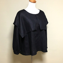 リネン◆オーバーカラーブラウス　長袖◆黒◆フリーサイズ（中厚リネン100％） 1枚目の画像