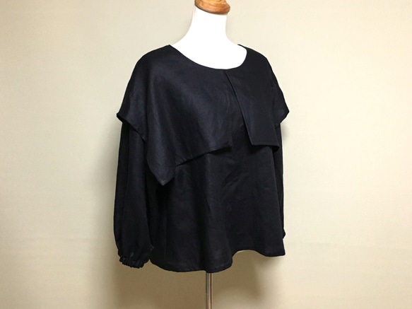 リネン◆オーバーカラーブラウス　長袖◆黒◆フリーサイズ（中厚リネン100％） 1枚目の画像
