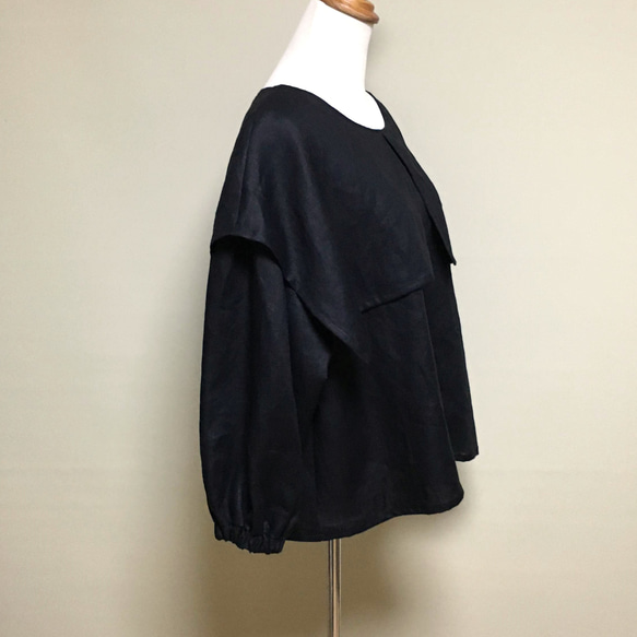 リネン◆オーバーカラーブラウス　長袖◆黒◆フリーサイズ（中厚リネン100％） 3枚目の画像