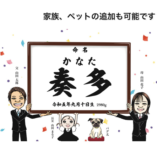 2名さま×2枚　A4サイズ【似顔絵オーダー】 似顔絵おもしろ命名書 A4 横 2人 出産祝い プレゼント オーダー