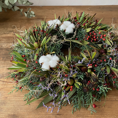 クリスマスリース/冬リース/ドライフラワーリース/ギフト/飾り/フラワーリース クリスマスリース ドライフラワー ウッドフラワー 35cm ギフトボックス