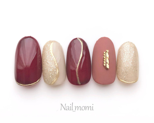 22 ネイルチップ ボルドーレッド ニュアンス ブライダル 結婚式