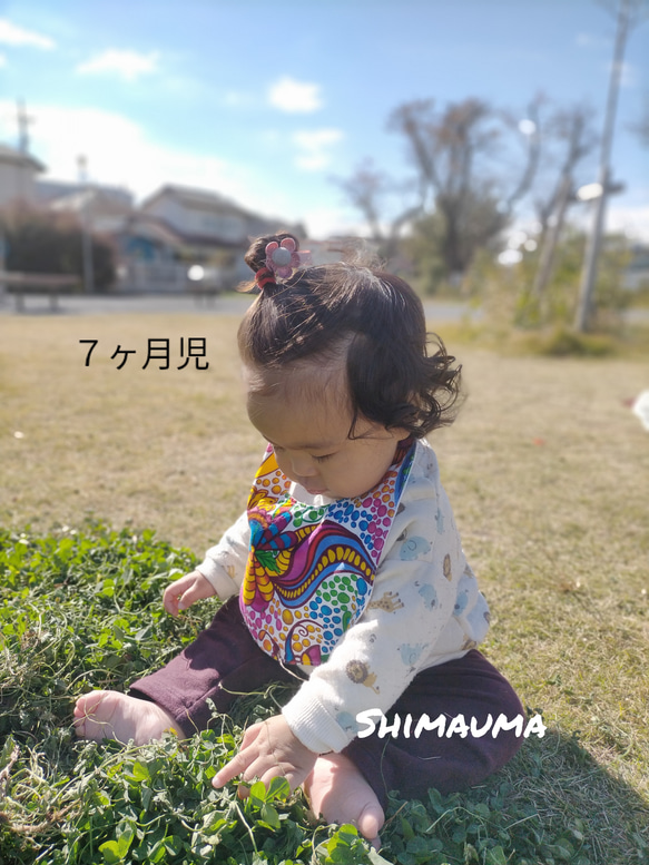 出産祝い　ギフト三点セット　ベビー　母子おそろい　アフリカ布　スタイ　ヘアバンド　おしゃぶり　おしゃれ　花柄　離乳食 13枚目の画像