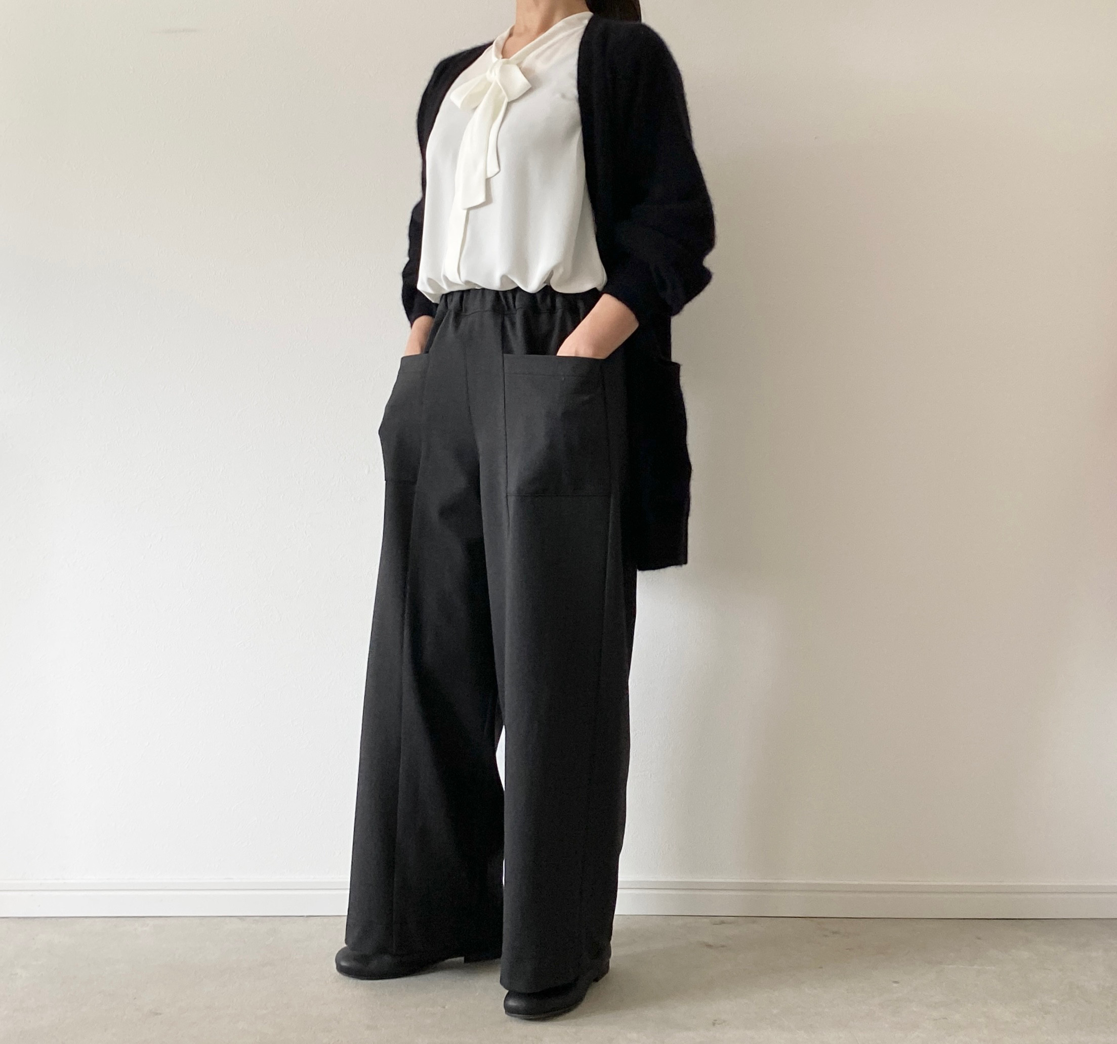 丈調整＊冬素材＊裏起毛ストレッチアウトポケットワイドパンツ(チャコールグレー)