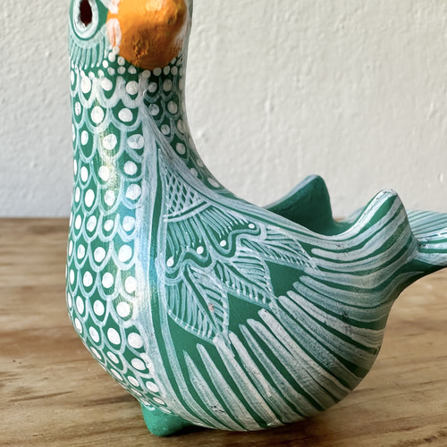 メキシコ/アマテナンゴ焼き】アマテナンゴ村の鳥の花器S（グリーン