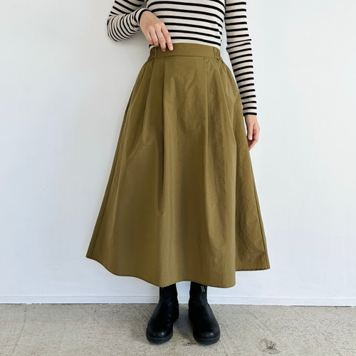 ナイロンタフタフレアミディスカート（カーキ）【イージーケア・防しわ