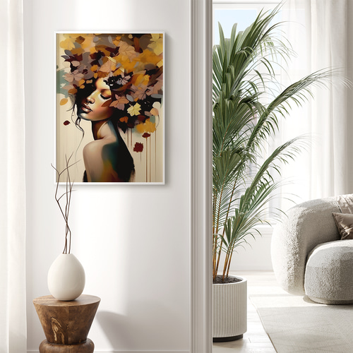 アートポスター 落ち葉と女性 アンティーク調 ブラウン系 アート