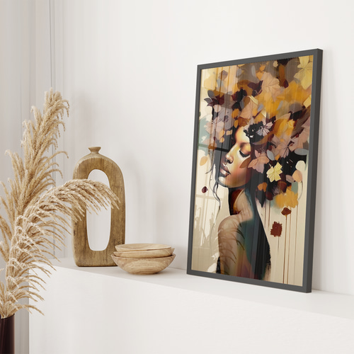 アートポスター 落ち葉と女性 アンティーク調 ブラウン系 アート