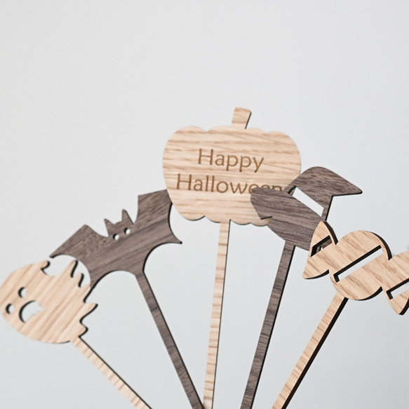 【ハロウィン　5本set✦ケーキトッパー　ダークカラー/Happy Halloween】木製・ハロウィン・かぼちゃ 3枚目の画像