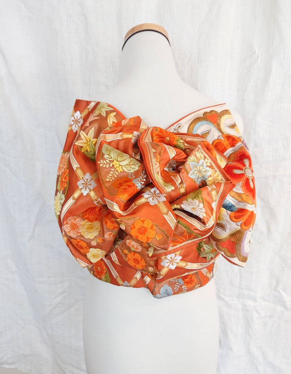 作り帯 振袖祝い帯 アンティーク 王宮大華文織り出し 河村織物謹製 オレンジ 2枚目の画像
