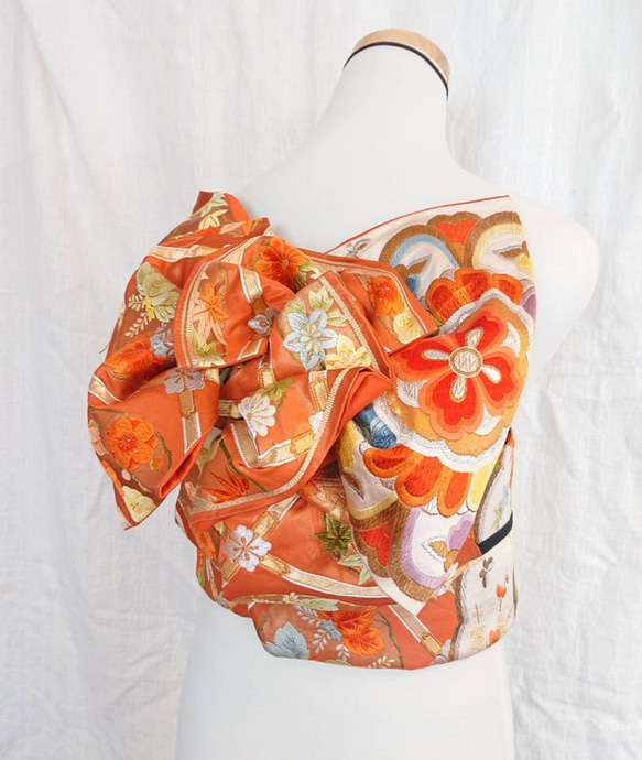 作り帯 振袖祝い帯 アンティーク 王宮大華文織り出し 河村織物謹製 オレンジ 1枚目の画像